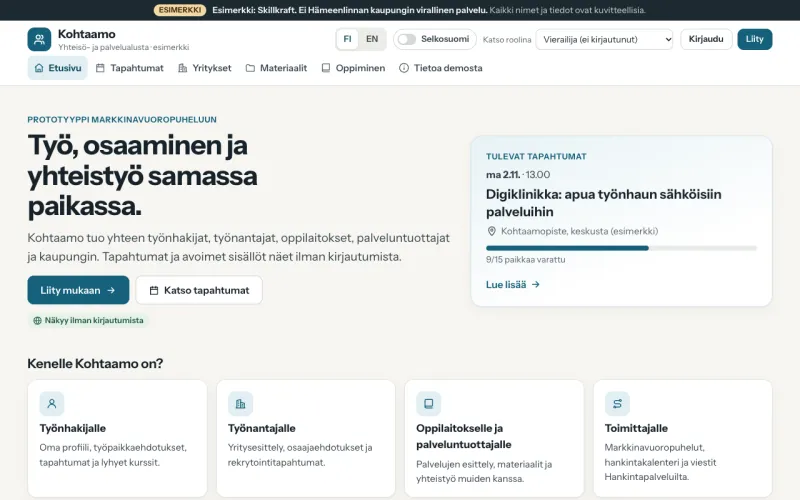 Die Demo der Plattform für Gemeinschaft und Dienste auf Finnisch: Termine und Gruppen