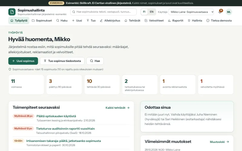 Die Demo zur Vertragsverwaltung auf Finnisch: Übersicht mit Fristen und Aufgaben