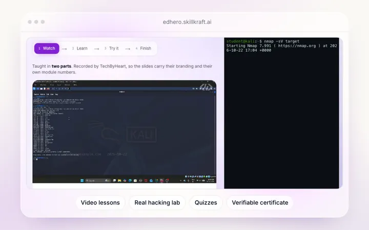 Die Lernplattform von EdHero: eine Lektion neben einem Kali-Linux-Labor im Browser