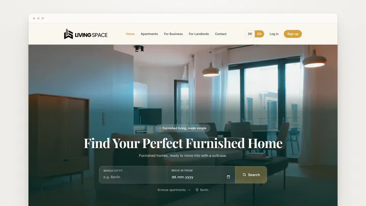 Die Website von LivingSpace Solutions: die Suche nach möblierten Wohnungen in Berlin