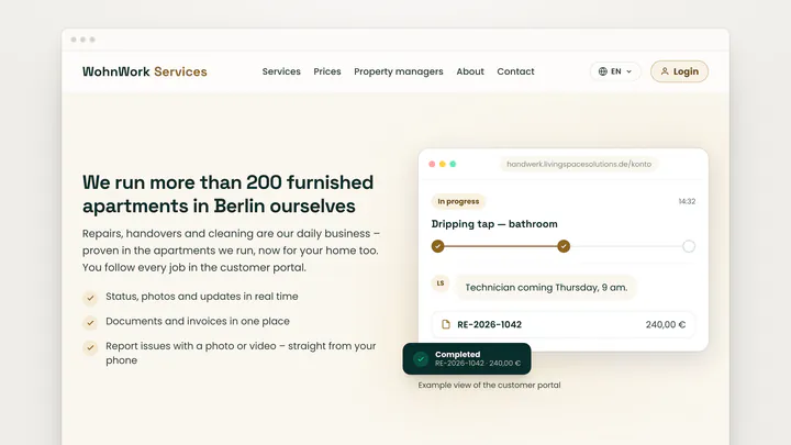 Website und Kundenportal von WohnWork Services: ein Reparaturauftrag von der Meldung bis zur Rechnung
